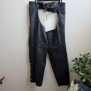NWT Leather Gallery Unisex Black Leather Motorcycle Chaps Size LARGE Biker Pants